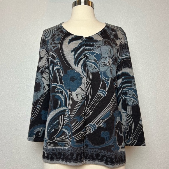 Ann Taylor Sweater Cardigan Women's L Blue Gray Floral Extra Fine Merino Wool - Picture 1 of 7